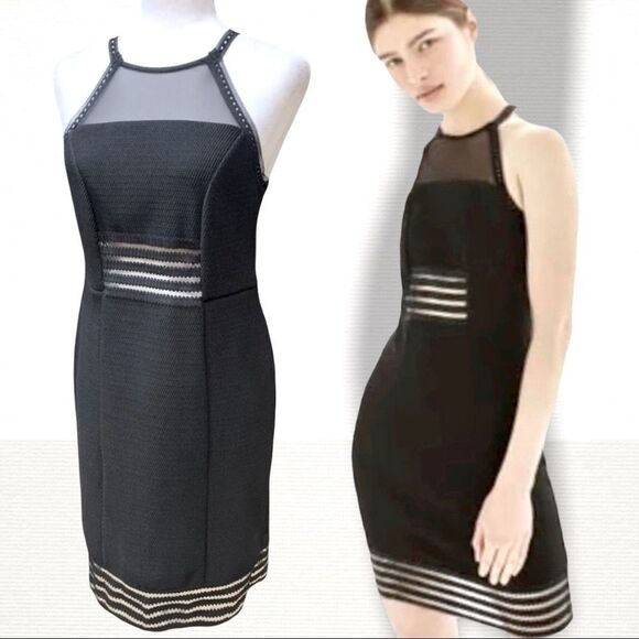 Topshop Black Dress Textured Keyhole back mesh detail Bodycon Sz 10 - Picture 2 of 13
